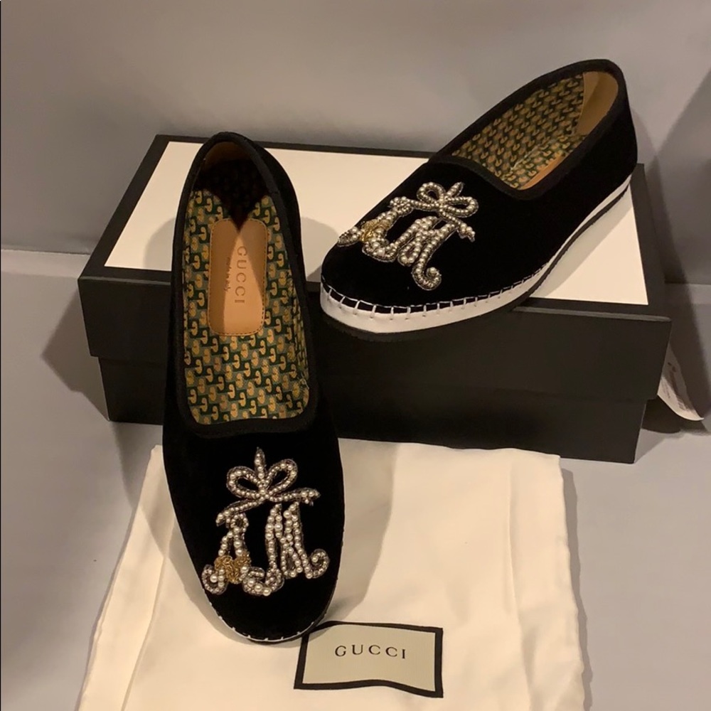 Gucci Black Velvet Am Appliqué Loafers Flats - Picture 6 of 9